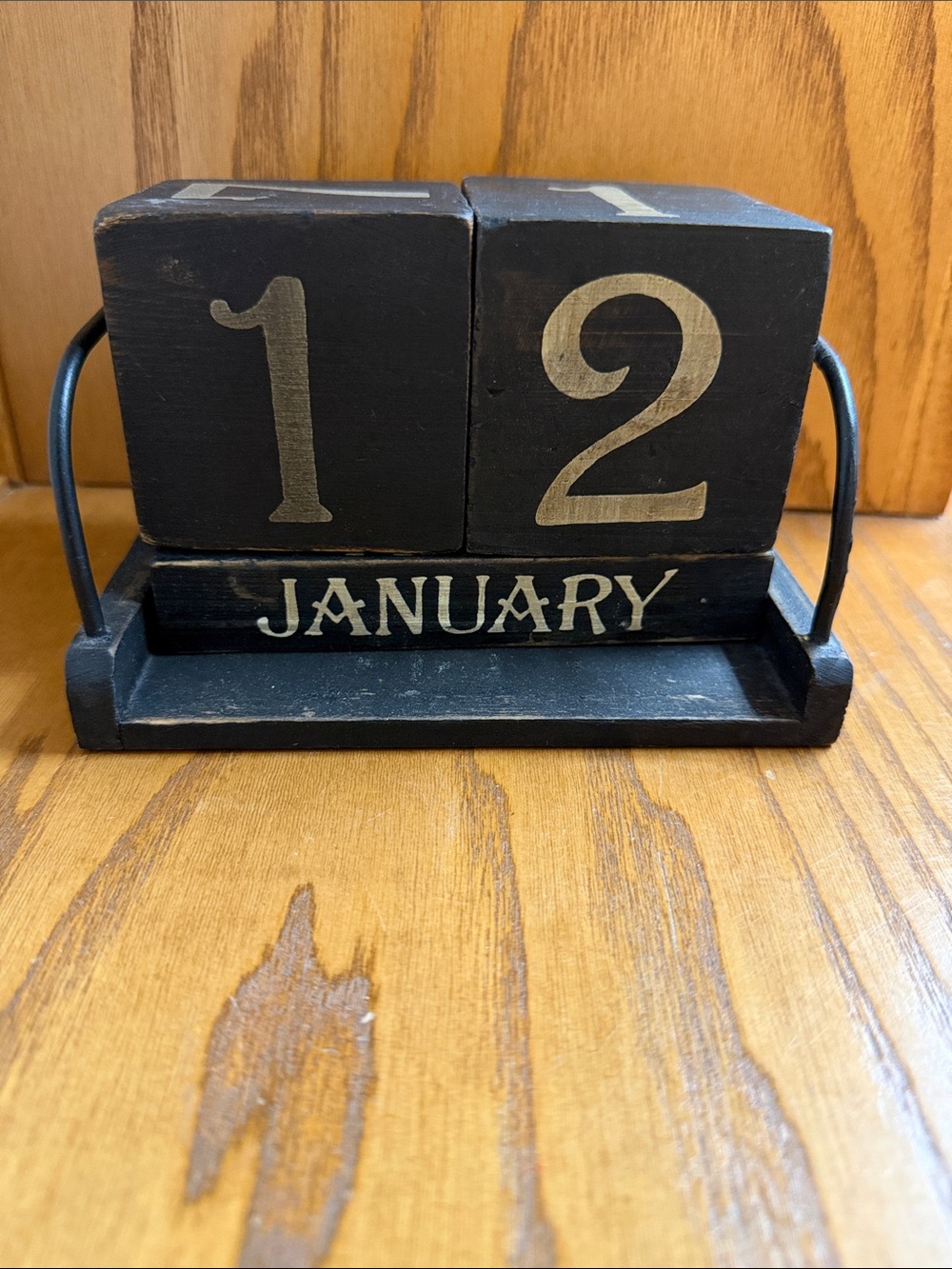 Black Wooden Perpetual Desk Calendar - Home Office Distressed Style 6” wide
